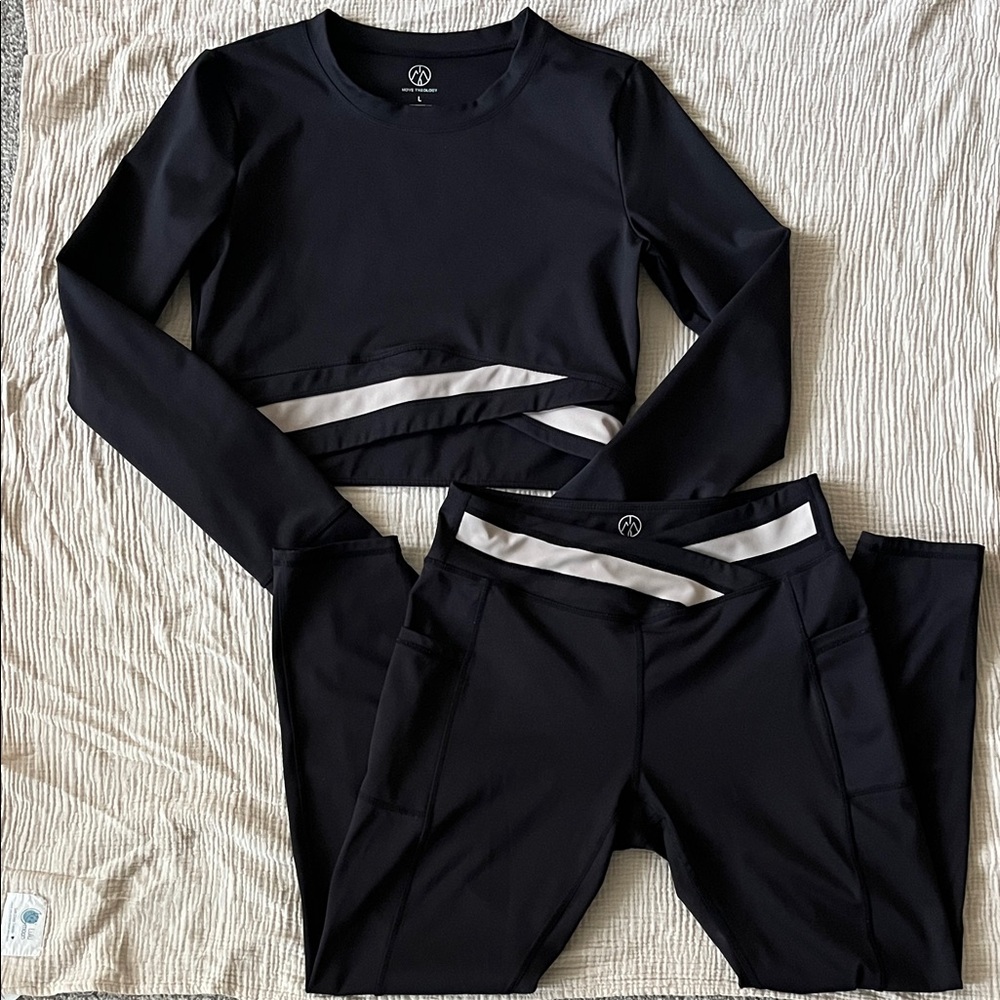 Black Long Sleeve Crop Top & Legging Set with Waistband Detail